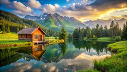 Fototapeta premium Serene Wooden Cabin by a Tranquil Lake in a Green Field with Majestic Mountains in the Background, Perfect for a Peaceful Retreat and Nature Escape