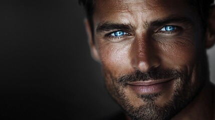 Obraz premium Close up Portrait of Charismatic Man with Striking Blue Eyes and Dramatic Shadow