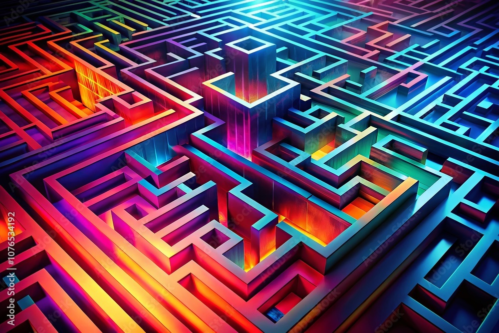 Poster shortcut through a labyrinth with digital overlay in abstract style - 3d illustration capturing the 
