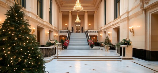 Festive Christmas decor in a grand marble staircase with a large Christmas tree, red poinsettia plants, and a chandelier.