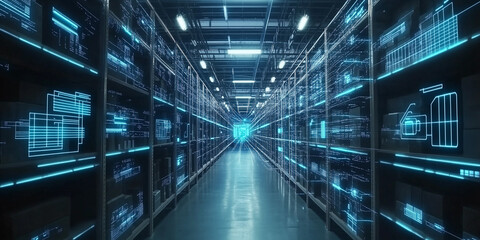 Futuristic Technology Retail Warehouse Utilizing Industry 4.0 Processes for Digitalization and Data-Driven Visualization. Advanced Systems Analyzing Goods for Efficient Inventory Management 