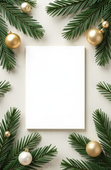 Christmas holiday blank card design with fir branches and gold ornaments for seasonal greetings space for text in the middle