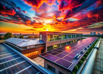 Fototapeta premium Silhouette of a Modern Commercial Complex Featuring Photovoltaic Modules Against a Vibrant Sunset Sky, Emphasizing Sustainable Energy Solutions and Urban Development