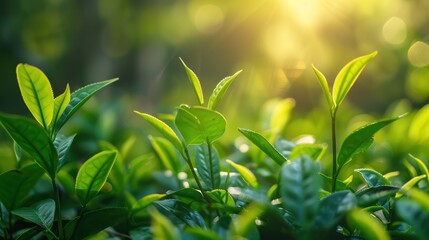 Obraz premium Fresh Green Tea Leaves in Sunlight