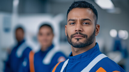 Portrait of an Indian Male Astronaut standing with his team wearing a blue, white and orange jumpsuit