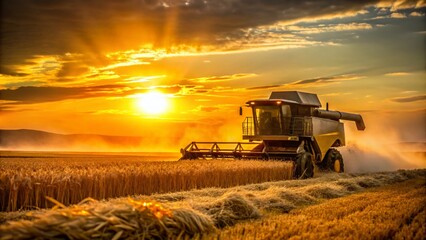 Fototapeta premium Silhouette of a Yellow Harvester at Sunset Harvesting Grain in a Golden Field Capturing the Essence of the Harvest Season with a Focus on the Abundant Grain Crop