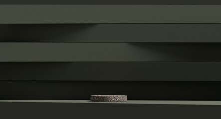 3D display podium, dark green background with stone pedestal. Beauty, cosmetic product presentation terrazzo stand. Luxury feminine mockup 3d render advertisement mockup.