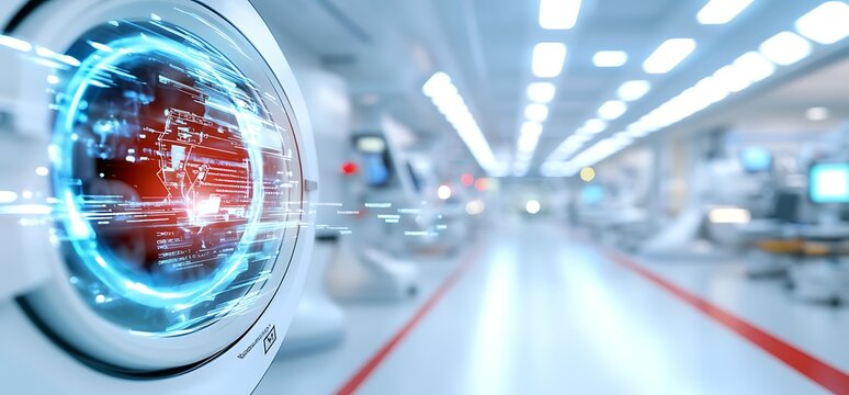 Futuristic medical device with a glowing blue interface in a sterile, white hallway.