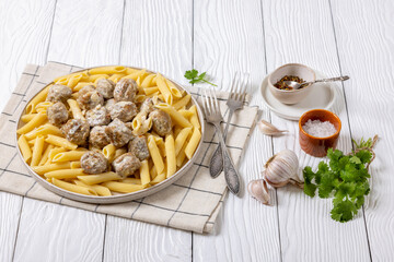 Ground chicken meatballs with penne pasta on plate