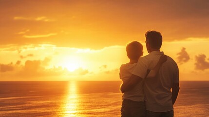 Two people standing at the edge of a beach, overlooking the ocean