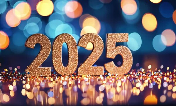 Sparkling 2025 New Year Celebration with Glittering Numbers and Bokeh Lights Creating a Festive Atmosphere for Bright Future and New Beginnings