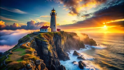 Fototapeta premium Solitary Lighthouse on Rocky Cliff Cutting Through Dense Fog, Symbolizing Guidance and Hope in Uncertain Times with a High Depth of Field Setting for Dramatic Visual Impact