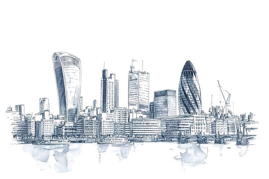 Modern London. City of London with crane and building sites of new developments. Sketch with colourful water colour effects
