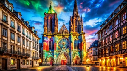 Obraz premium Spectacular Light Show at Strasbourg Cathedral: Captivating Illumination of Gothic Architecture with Colorful Projections and Vibrant Visual Effects at Night