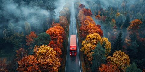 Top view of a truck driving along a road in the autumn forest