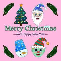 Merry Christmas and Happy New Year illustration featuring Santa, elf, snowman, and Christmas tree. Perfect for holiday decor and designs.