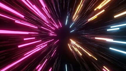 A dynamic burst of colorful lights creates an illusion of speed and movement through a dark space, resembling a futuristic digital landscape.