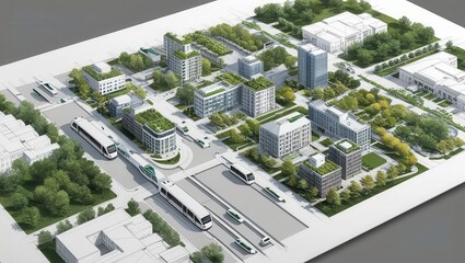 Eco-Friendly Cityscape: A futuristic urban development plan showcasing sustainable architecture, green spaces, and efficient public transport.