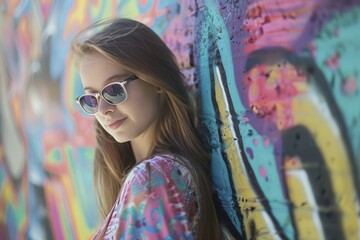 Fototapeta premium A woman standing next to a colorful graffiti-covered wall