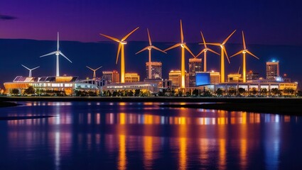 Obraz premium Night cityscape with wind turbines and city lights reflection in water 