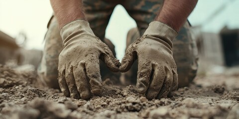 A close-up of a worker's hands in gloves shaping soil on a construction site.