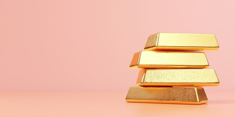 Fototapeta premium A close-up view of stacked gold bars on a soft pink background.