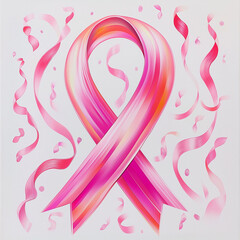 A pink ribbon is placed on a white background. Breast cancer Awareness program concept