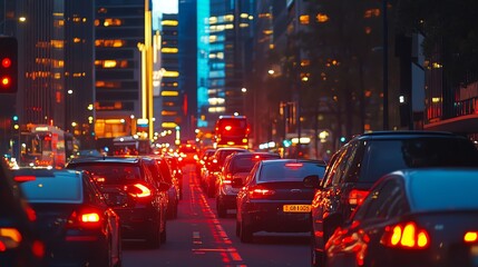 Obraz premium A long line of cars in city traffic during sunset.