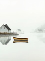 Fototapeta premium Serene reflections a tranquil boat anchors amidst a misty landscape of still waters and cozy homes