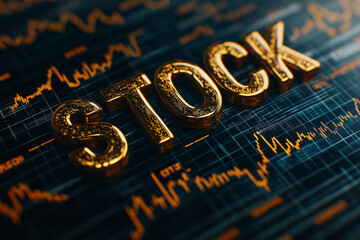 Golden word "STOCK" on a financial chart background