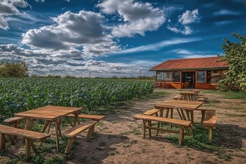 Outdoor picnic spaces with tables and benches situated in front of a cornfield