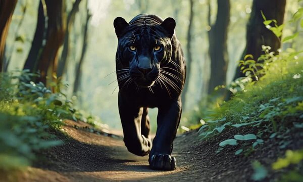 A black panther walks on a forest path.