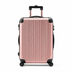 Fototapeta premium Rose gold suitcase with black handle and wheels.