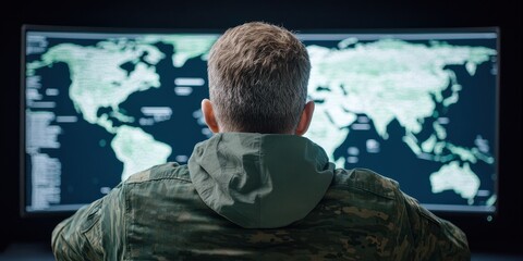 A military personnel analyzes global data on a large screen in a command center.
