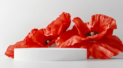 The beautiful and vibrant red poppies stand out prominently against an elegant white background