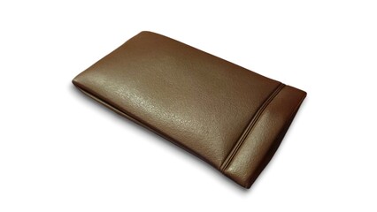 Top view of a brown leather eyeglasses protective pouch, isolated on white background.