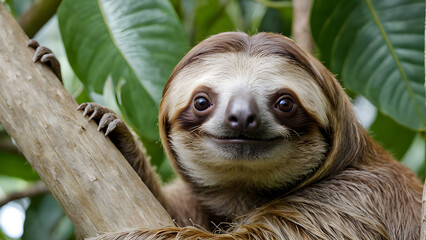 Fototapeta premium Portrait of a cute baby sloth hanging on a tree.