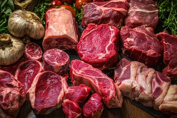 Raw Meat and Garlic on a Black Surface