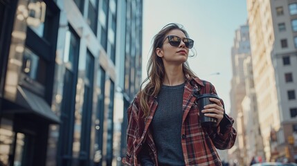 Fototapeta premium Stylish woman enjoys coffee while strolling through urban streets in trendy outfit