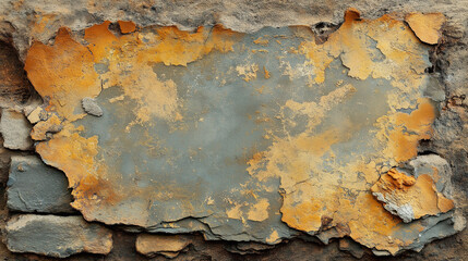 Naklejka premium Poster mockup on brick wall, Rusty metal sign with peeling paint on stone wall
