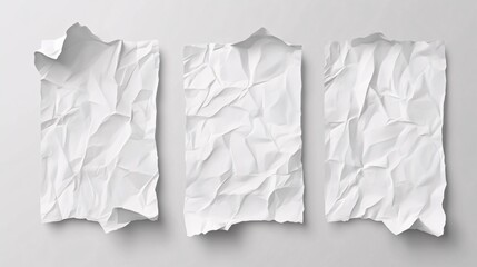 Obraz premium Set of realistic vector illustrations of crumpled and wrinkled white paper mockups Includes creased blank vertical sheets and empty 