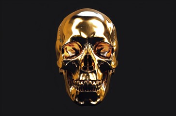 Golden human skull shining on dark background representing luxury and death