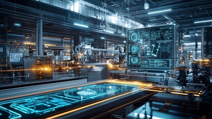 Obraz premium holographic industrial workspace with tech-integrated machinery