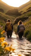 Two Hikers with Backpacks Traverse a Stream in a Mountain Valley During Golden Hour