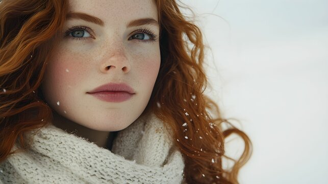 kobieta europejska, długie kręcone włosy, świąteczny portret, białe tło, świąteczne kolory, czerwone włosy, zimowa moda, spokojny wyraz twarzy, świąteczna atmosfera, ciepły szalik, złoty cień do powie
