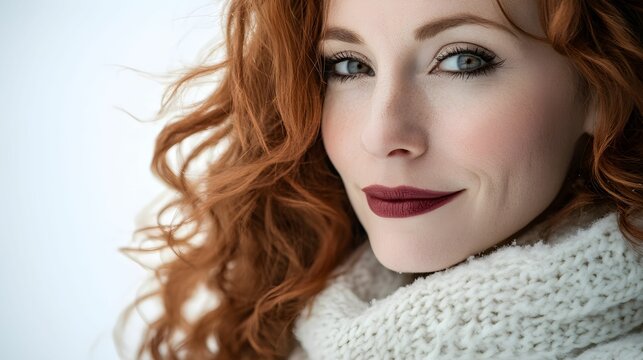 kobieta europejska, długie kręcone włosy, świąteczny portret, białe tło, świąteczne kolory, czerwone włosy, zimowa moda, spokojny wyraz twarzy, świąteczna atmosfera, ciepły szalik, złoty cień do powie