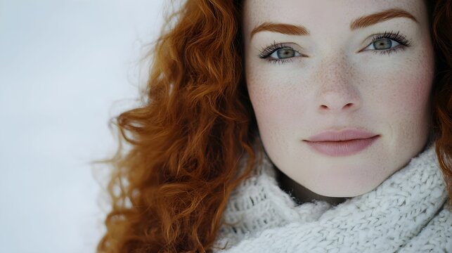 kobieta europejska, długie kręcone włosy, świąteczny portret, białe tło, świąteczne kolory, czerwone włosy, zimowa moda, spokojny wyraz twarzy, świąteczna atmosfera, ciepły szalik, złoty cień do powie