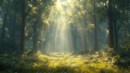 Obraz premium Serene forest with sunlight filtering through trees and flowers.