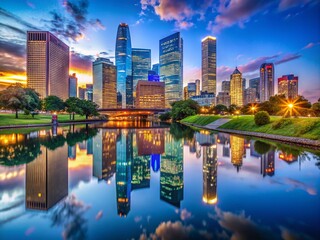 Naklejka premium Stunning Houston Skyline at Dusk with Vibrant City Lights Reflecting on Water, Showcasing Modern Architecture and Urban Landscape in a Clear Night Sky