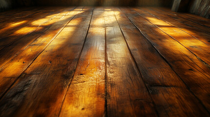 Wooden floor with sunlight reflections in rustic room, space for product advertising